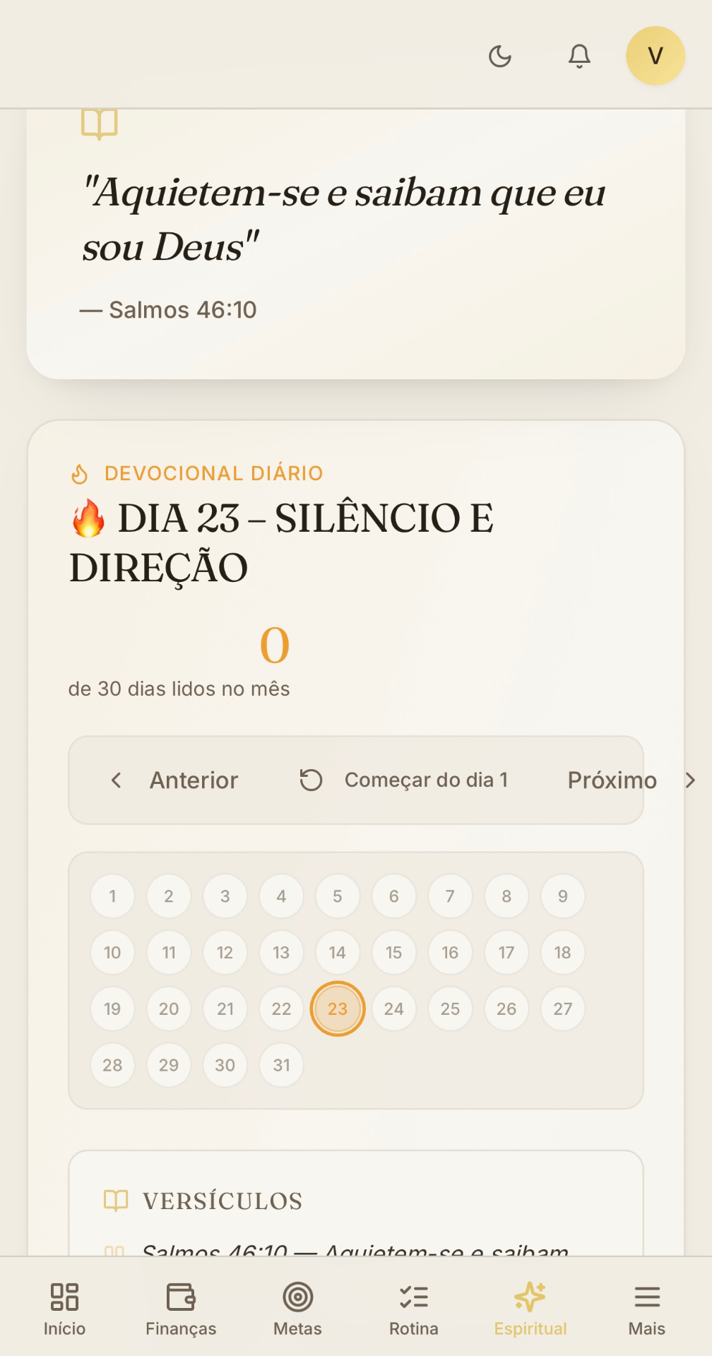 Tela de devocional diário do Mindset Club