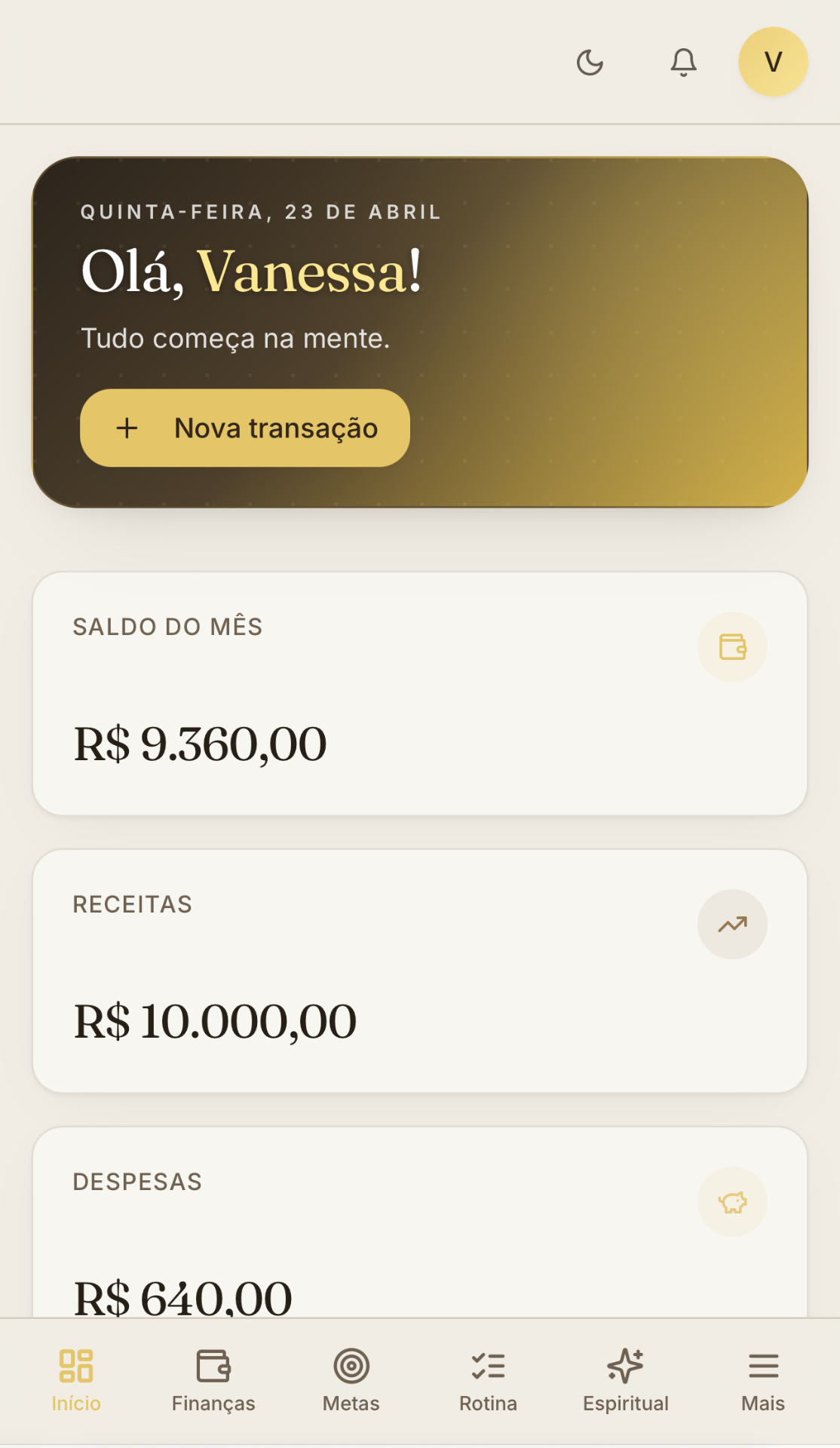 Tela inicial do app Mindset Club mostrando saldo, receitas e despesas