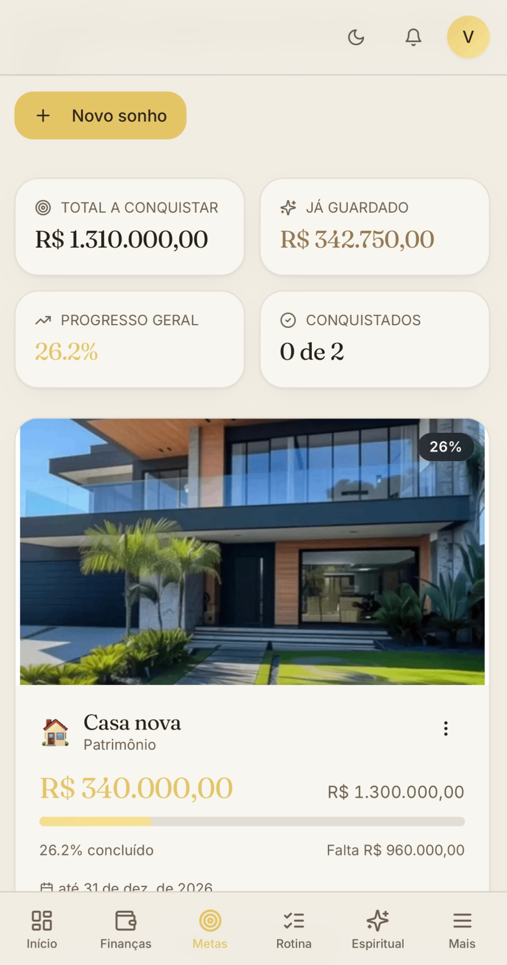 Tela de metas e sonhos do Mindset Club com progresso visual