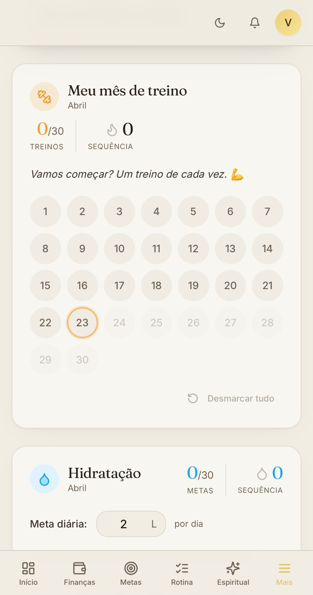 Tela de rotina e treinos do Mindset Club